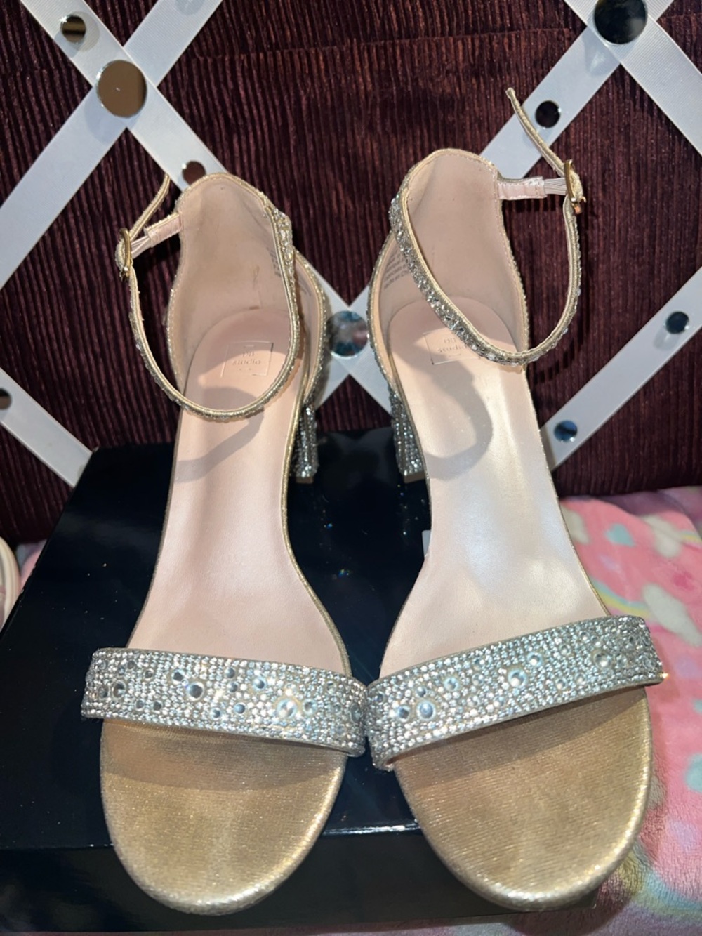 DB studioWomen’s Gold Rhinestone Ankle Strap Heels